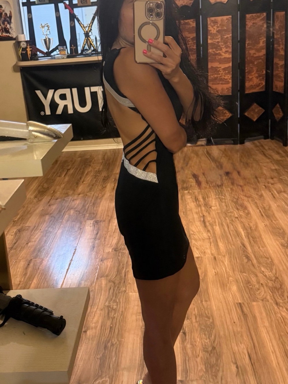 Black Strappy Mini Dress with Silver Trim - Women's